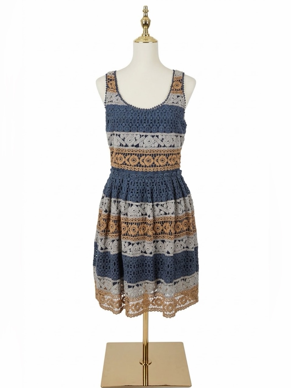 Maeve Anthropologie Boho Crochet Lace Mini Dress Blue Tan Size 8